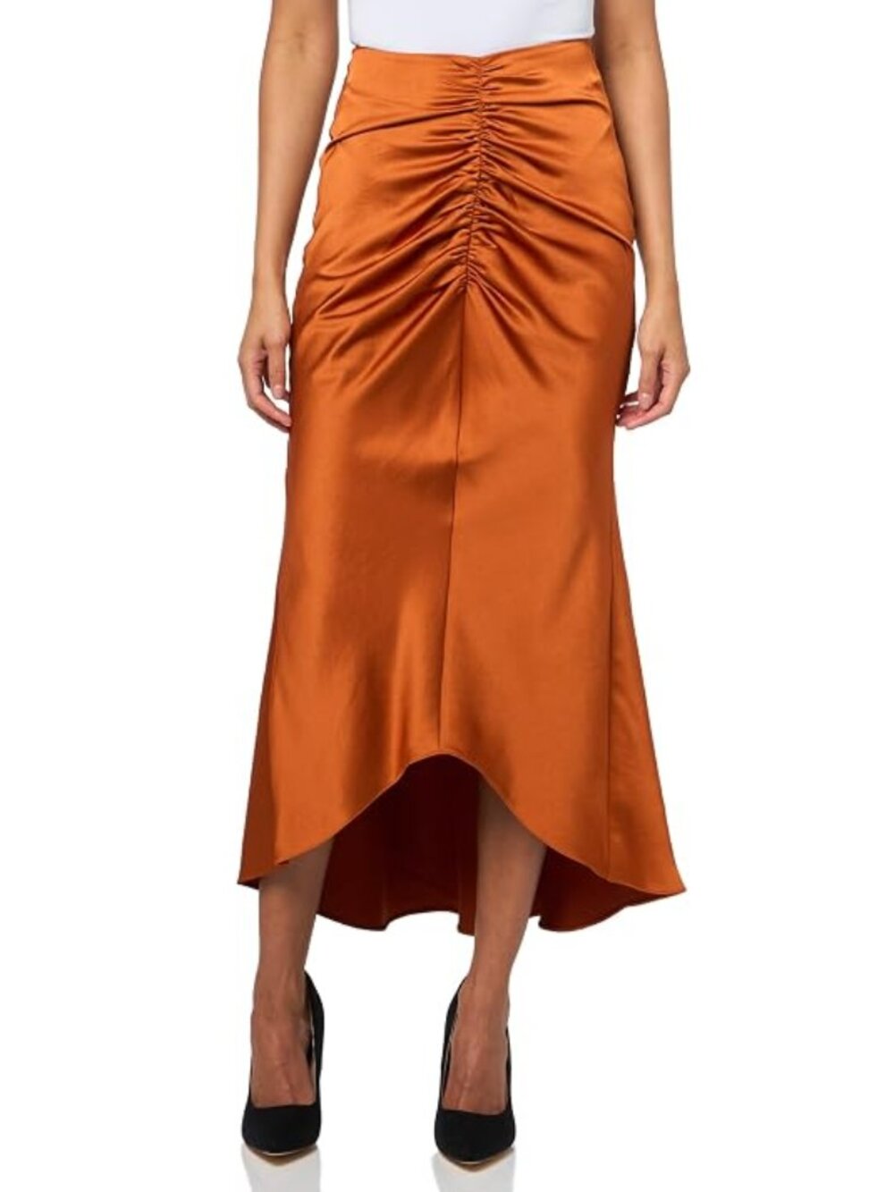 Trina Turk 'Aspen' Ruched Satin High-Low Midi-Skirt, Amber